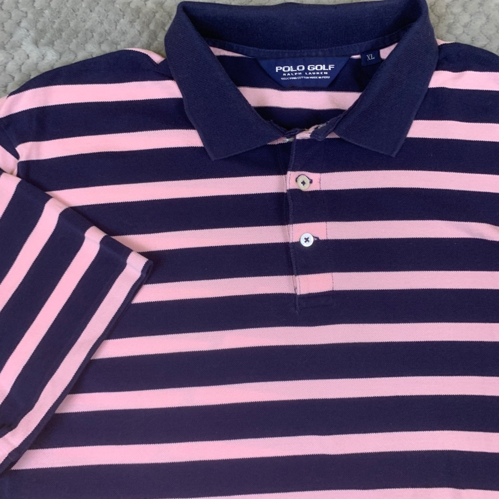 Polo Golf Ralph Lauren Mens XL Pima Cotton Striped Polo Shirt Navy Pink